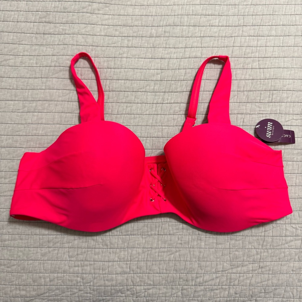 Lane Bryant Cacique Lace Up Bandeau Underwire Bikini Swim Top Pink Plus Size 46D